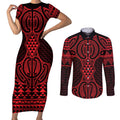 Whero Maori Ta Moko Poutama Art Couples Matching Short Sleeve Bodycon Dress and Long Sleeve Button Shirt