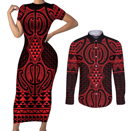 Whero Maori Ta Moko Poutama Art Couples Matching Short Sleeve Bodycon Dress and Long Sleeve Button Shirt