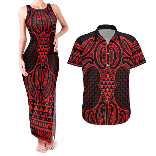 Whero Maori Ta Moko Poutama Art Couples Matching Tank Maxi Dress and Hawaiian Shirt