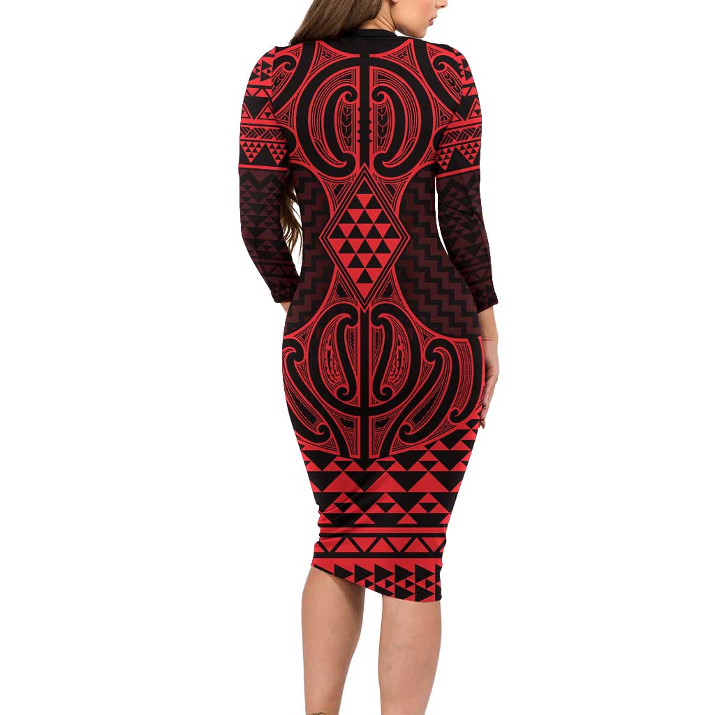 Whero Maori Ta Moko Poutama Art Family Matching Long Sleeve Bodycon Dress and Hawaiian Shirt