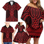 Whero Maori Ta Moko Poutama Art Family Matching Off Shoulder Short Dress and Hawaiian Shirt