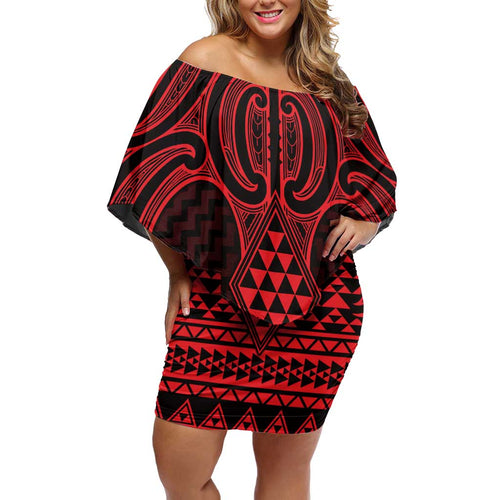 Whero Maori Ta Moko Poutama Art Family Matching Off Shoulder Short Dress and Hawaiian Shirt