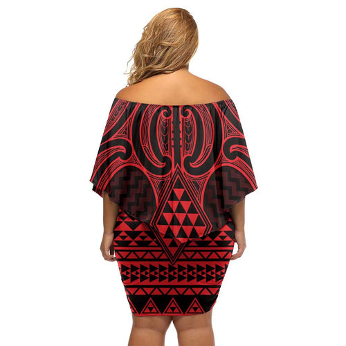 Whero Maori Ta Moko Poutama Art Off Shoulder Short Dress