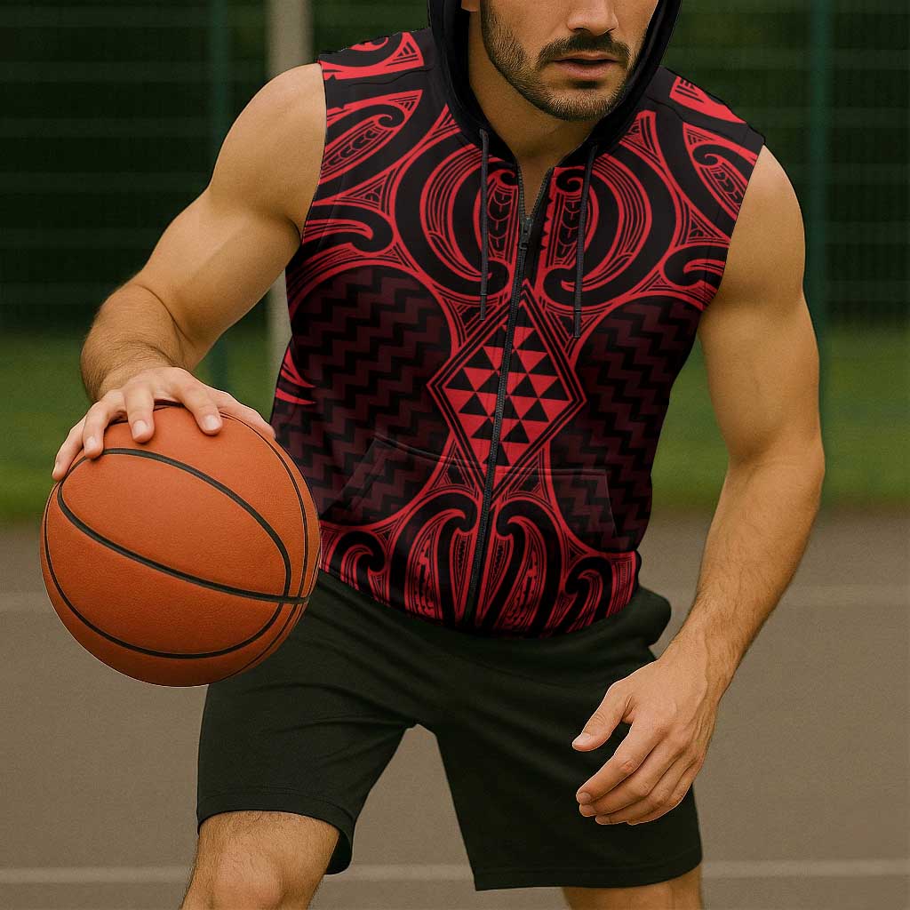 Whero Maori Ta Moko Poutama Art Sleeveless Zip Hoodie LT9