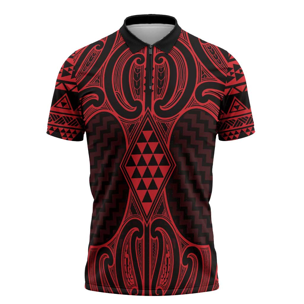 Whero Maori Ta Moko Poutama Art Zipper Polo Shirt - Aussie Hoodie