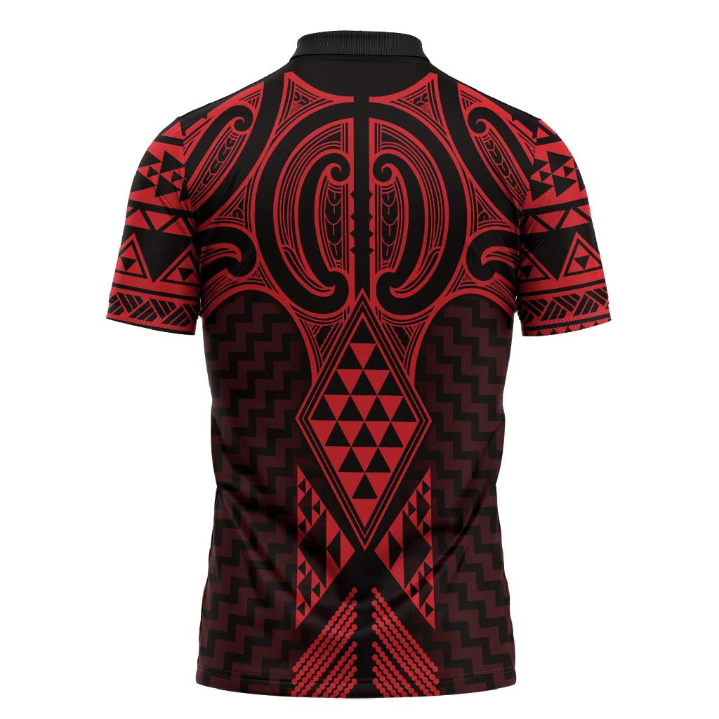 Whero Maori Ta Moko Poutama Art Zipper Polo Shirt - Aussie Hoodie