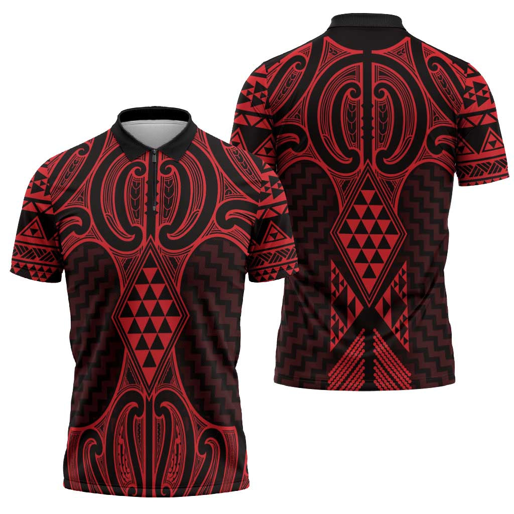 Whero Maori Ta Moko Poutama Art Zipper Polo Shirt - Aussie Hoodie