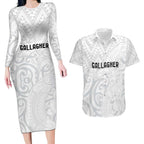 New Zealand Rangatira Custom Couples Matching Long Sleeve Bodycon Dress and Hawaiian Shirt All White Niho Taniwha Maori Tribal