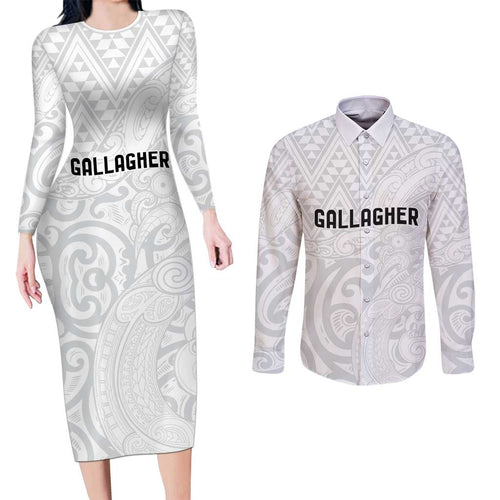 New Zealand Rangatira Custom Couples Matching Long Sleeve Bodycon Dress and Long Sleeve Button Shirt All White Niho Taniwha Maori Tribal