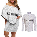 New Zealand Rangatira Custom Couples Matching Off Shoulder Short Dress and Long Sleeve Button Shirt All White Niho Taniwha Maori Tribal