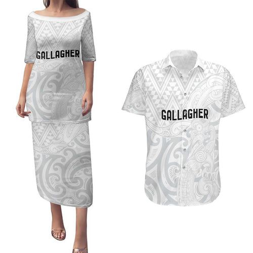 New Zealand Rangatira Custom Couples Matching Puletasi and Hawaiian Shirt All White Niho Taniwha Maori Tribal