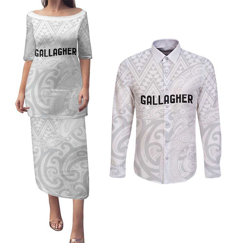 New Zealand Rangatira Custom Couples Matching Puletasi and Long Sleeve Button Shirt All White Niho Taniwha Maori Tribal