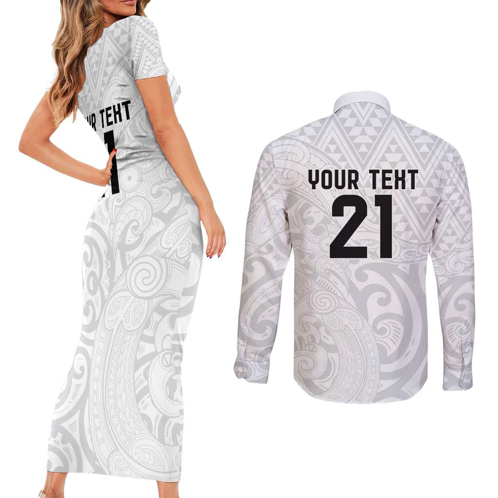 New Zealand Rangatira Custom Couples Matching Short Sleeve Bodycon Dress and Long Sleeve Button Shirt All White Niho Taniwha Maori Tribal