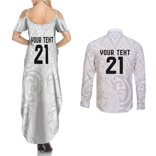 New Zealand Rangatira Custom Couples Matching Summer Maxi Dress and Long Sleeve Button Shirt All White Niho Taniwha Maori Tribal