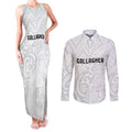 New Zealand Rangatira Custom Couples Matching Tank Maxi Dress and Long Sleeve Button Shirt All White Niho Taniwha Maori Tribal