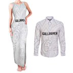 New Zealand Rangatira Custom Couples Matching Tank Maxi Dress and Long Sleeve Button Shirt All White Niho Taniwha Maori Tribal