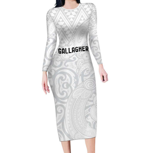 New Zealand Rangatira Custom Family Matching Long Sleeve Bodycon Dress and Hawaiian Shirt All White Niho Taniwha Maori Tribal