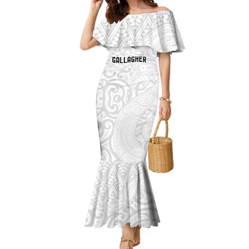 New Zealand Rangatira Custom Family Matching Mermaid Dress and Hawaiian Shirt All White Niho Taniwha Maori Tribal