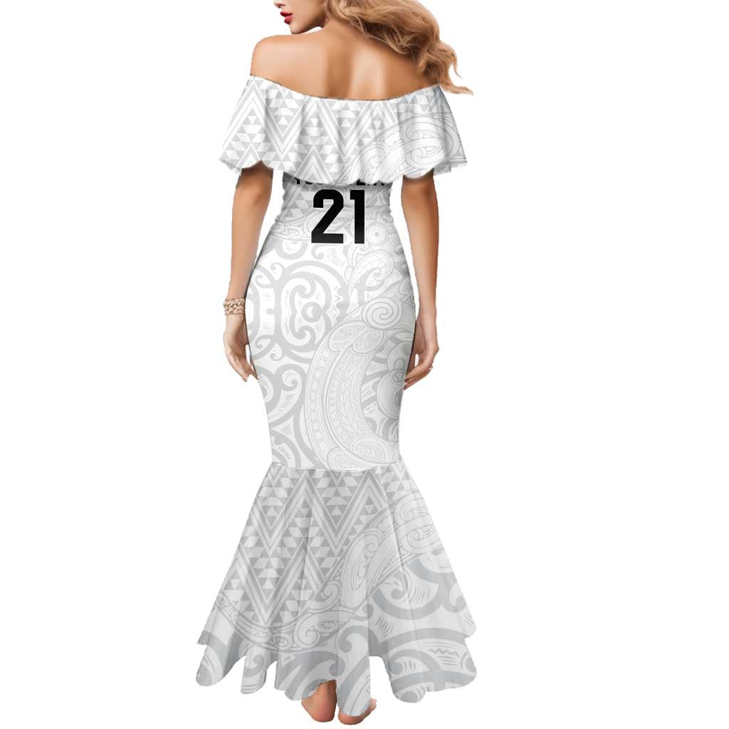 New Zealand Rangatira Custom Family Matching Mermaid Dress and Hawaiian Shirt All White Niho Taniwha Maori Tribal