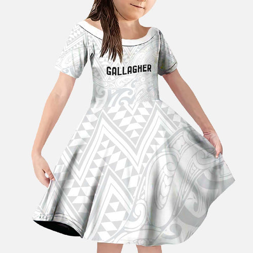 New Zealand Rangatira Custom Family Matching Off The Shoulder Long Sleeve Dress and Hawaiian Shirt All White Niho Taniwha Maori Tribal