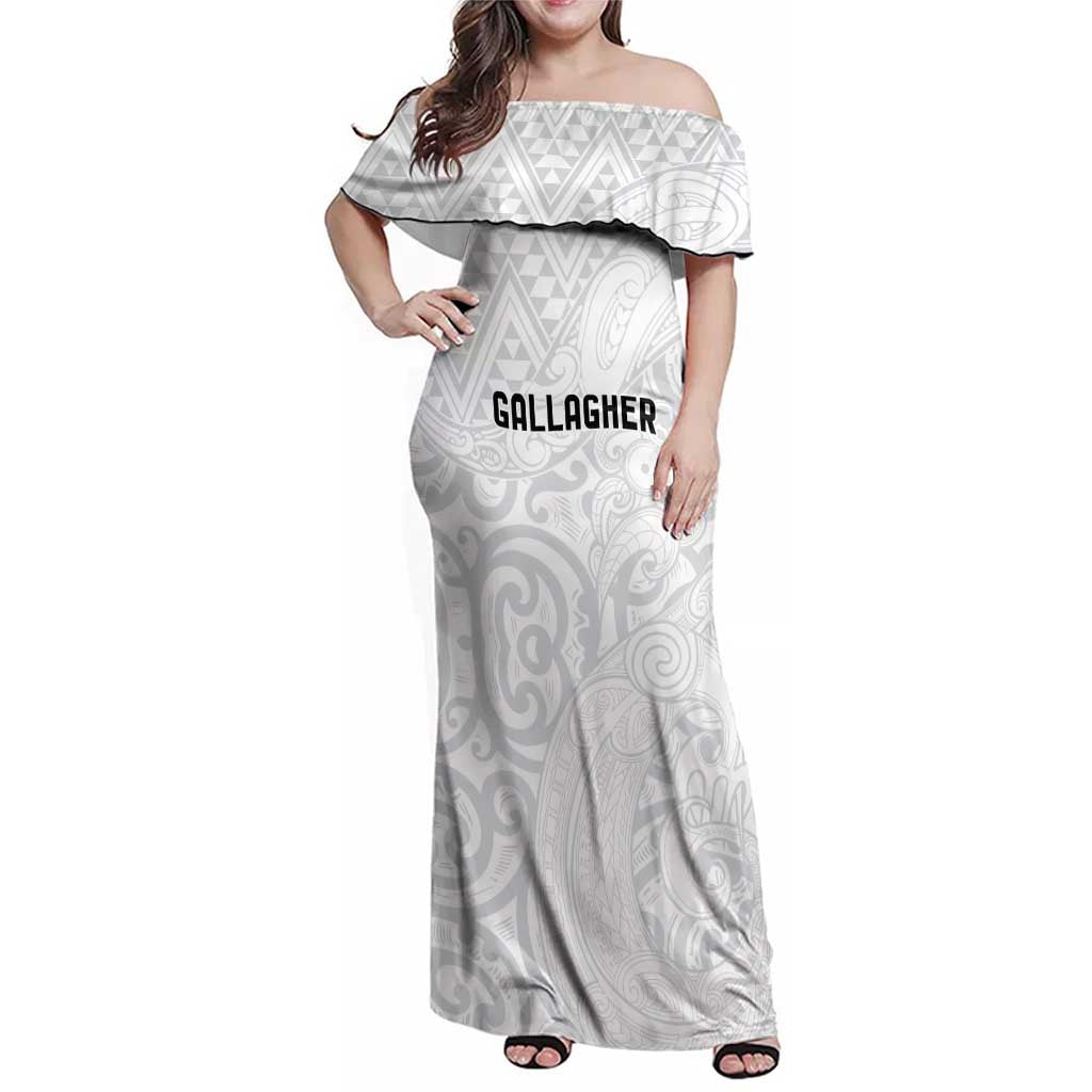 New Zealand Rangatira Custom Family Matching Off Shoulder Maxi Dress and Hawaiian Shirt All White Niho Taniwha Maori Tribal