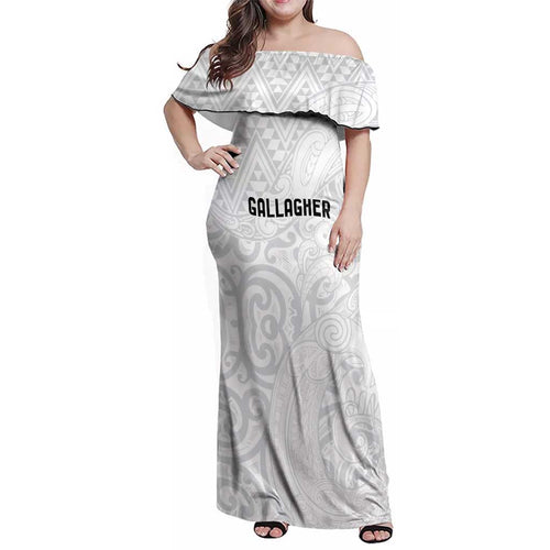 New Zealand Rangatira Custom Family Matching Off Shoulder Maxi Dress and Hawaiian Shirt All White Niho Taniwha Maori Tribal