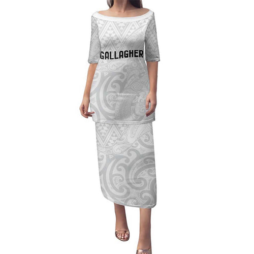New Zealand Rangatira Custom Family Matching Puletasi and Hawaiian Shirt All White Niho Taniwha Maori Tribal