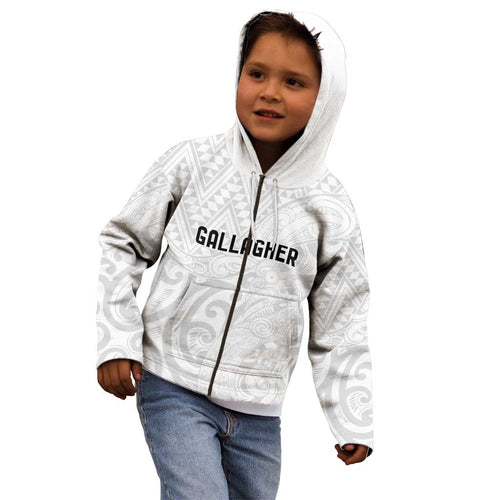 New Zealand Rangatira Custom Kid Hoodie All White Niho Taniwha Maori Tribal