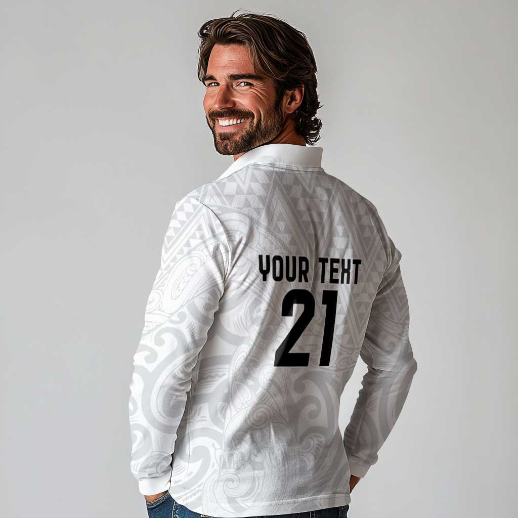 New Zealand Rangatira Custom Long Sleeve Polo Shirt All White Niho Taniwha Maori Tribal