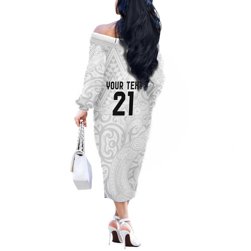 New Zealand Rangatira Custom Off The Shoulder Long Sleeve Dress All White Niho Taniwha Maori Tribal