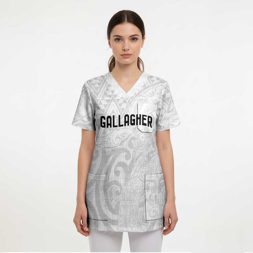 New Zealand Rangatira Custom Scrub Top All White Niho Taniwha Maori Tribal - Aussie Hoodie