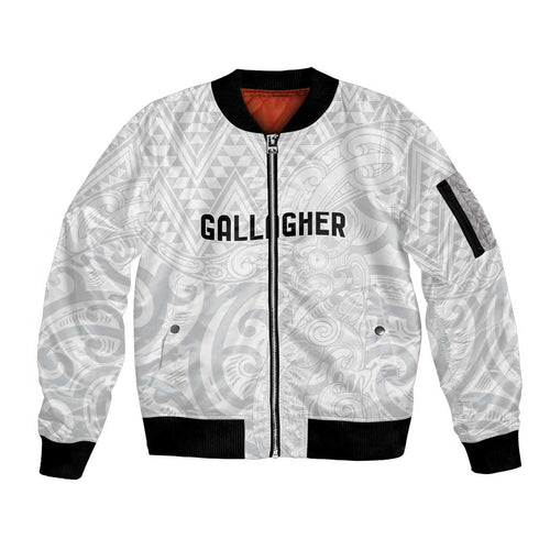 New Zealand Rangatira Custom Sleeve Zip Bomber Jacket All White Niho Taniwha Maori Tribal