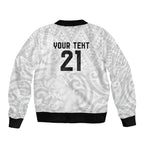 New Zealand Rangatira Custom Sleeve Zip Bomber Jacket All White Niho Taniwha Maori Tribal