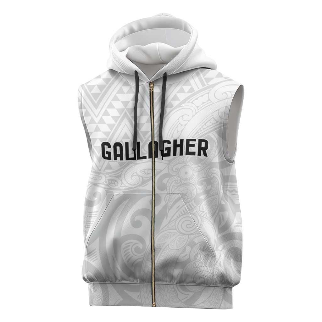New Zealand Rangatira Custom Sleeveless Zip Hoodie All White Niho Taniwha Maori Tribal - Aussie Hoodie