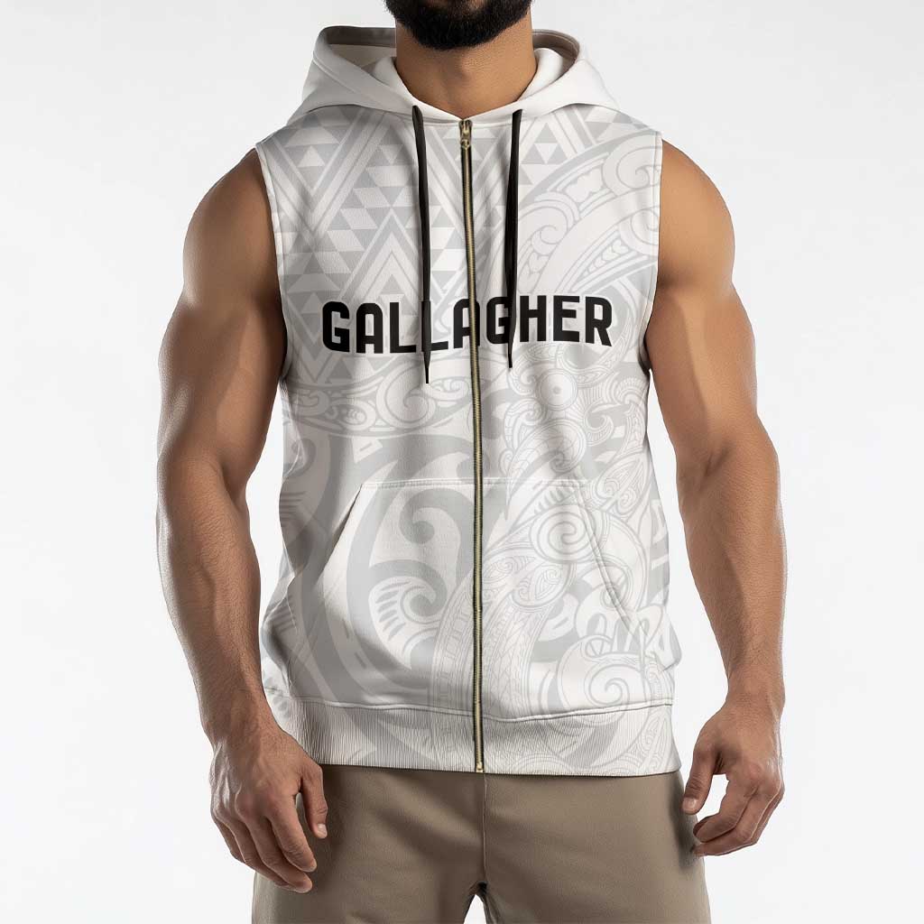 New Zealand Rangatira Custom Sleeveless Zip Hoodie All White Niho Taniwha Maori Tribal - Aussie Hoodie