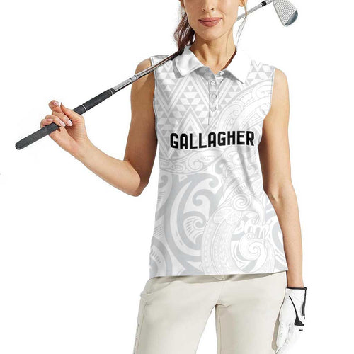 New Zealand Rangatira Custom Women Sleeveless Polo Shirt All White Niho Taniwha Maori Tribal