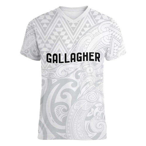 New Zealand Rangatira Custom Women V-Neck T-Shirt All White Niho Taniwha Maori Tribal