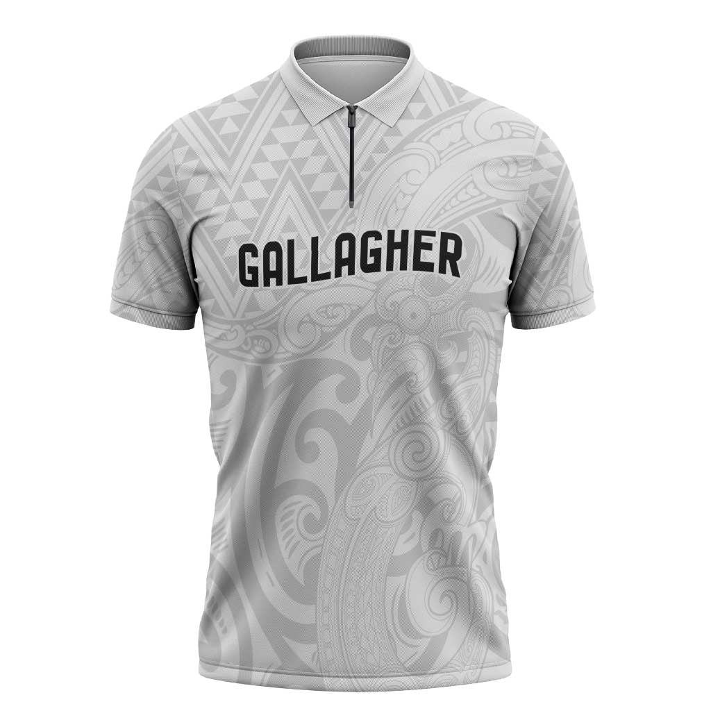 New Zealand Rangatira Custom Zipper Polo Shirt All White Niho Taniwha Maori Tribal - Aussie Hoodie