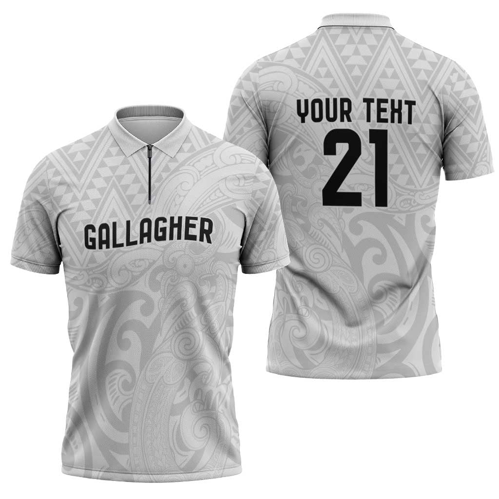 New Zealand Rangatira Custom Zipper Polo Shirt All White Niho Taniwha Maori Tribal - Aussie Hoodie