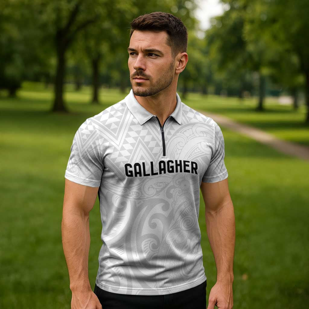 New Zealand Rangatira Custom Zipper Polo Shirt All White Niho Taniwha Maori Tribal - Aussie Hoodie