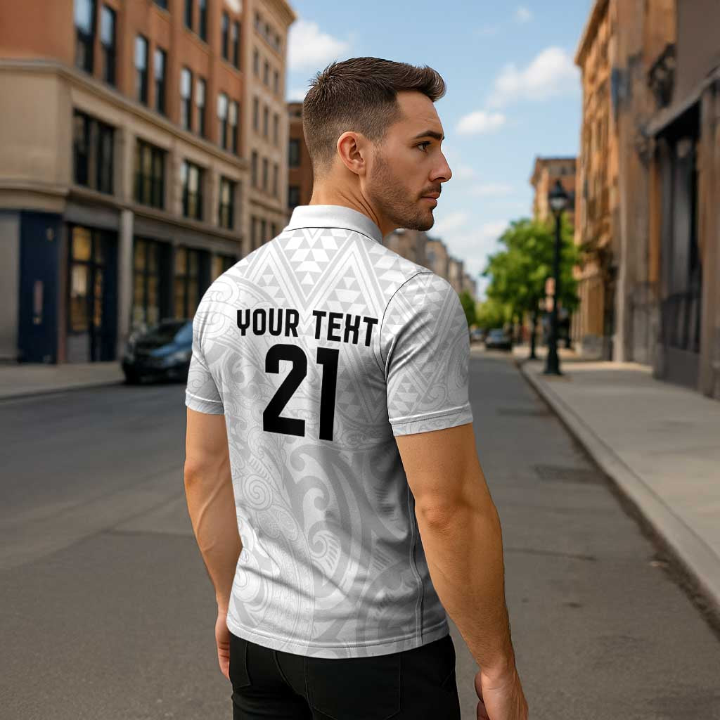 New Zealand Rangatira Custom Zipper Polo Shirt All White Niho Taniwha Maori Tribal - Aussie Hoodie
