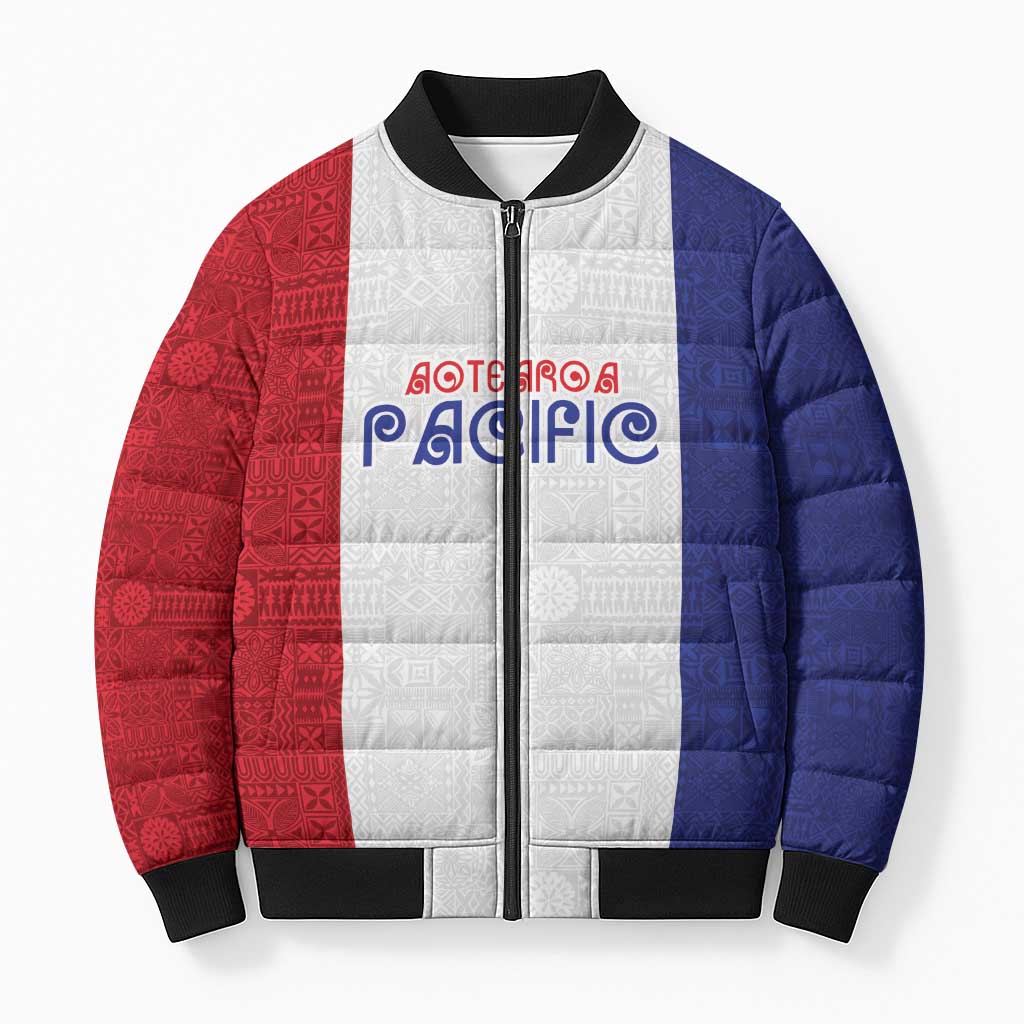 New Zealand Rugby Pacific Personalised Bomber Puffer Jacket Maori Style Tribal Tapa Pattern - Aussie Hoodie