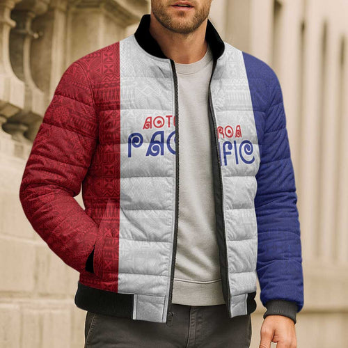 New Zealand Rugby Pacific Personalised Bomber Puffer Jacket Maori Style Tribal Tapa Pattern - Aussie Hoodie