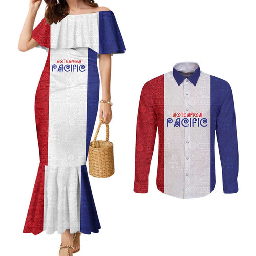New Zealand Rugby Pacific Personalised Couples Matching Mermaid Dress and Long Sleeve Button Shirt Maori Style Tribal Tapa Pattern