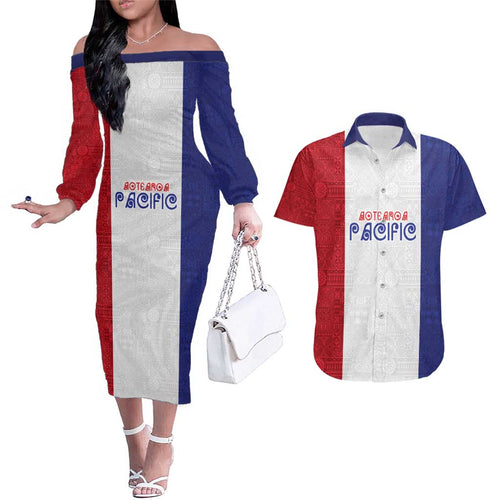 New Zealand Rugby Pacific Personalised Couples Matching Off The Shoulder Long Sleeve Dress and Hawaiian Shirt Maori Style Tribal Tapa Pattern