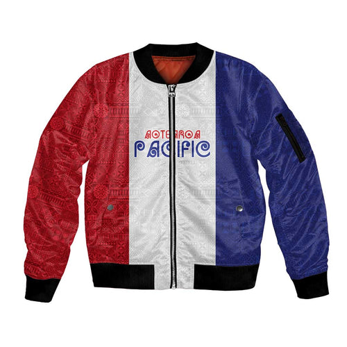 New Zealand Rugby Pacific Personalised Sleeve Zip Bomber Jacket Maori Style Tribal Tapa Pattern