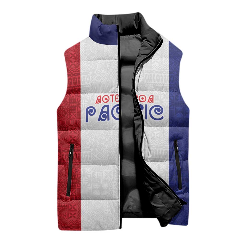 New Zealand Rugby Pacific Personalised Sleeveless Puffer Jacket Maori Style Tribal Tapa Pattern - Aussie Hoodie
