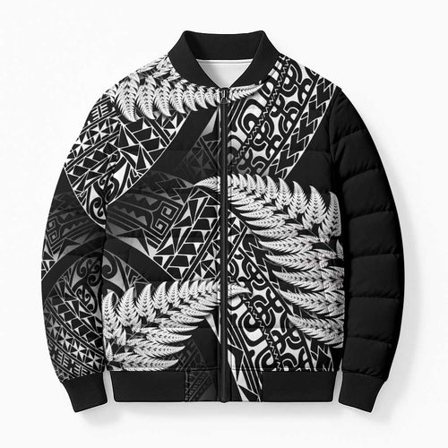 New Zealand Rugby Pacific Personalised Bomber Puffer Jacket All Black Maori Pasifika Fern Pattern - Aussie Hoodie