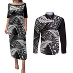 New Zealand Rugby Pacific Personalised Couples Matching Puletasi and Long Sleeve Button Shirt All Black Maori Pasifika Fern Pattern