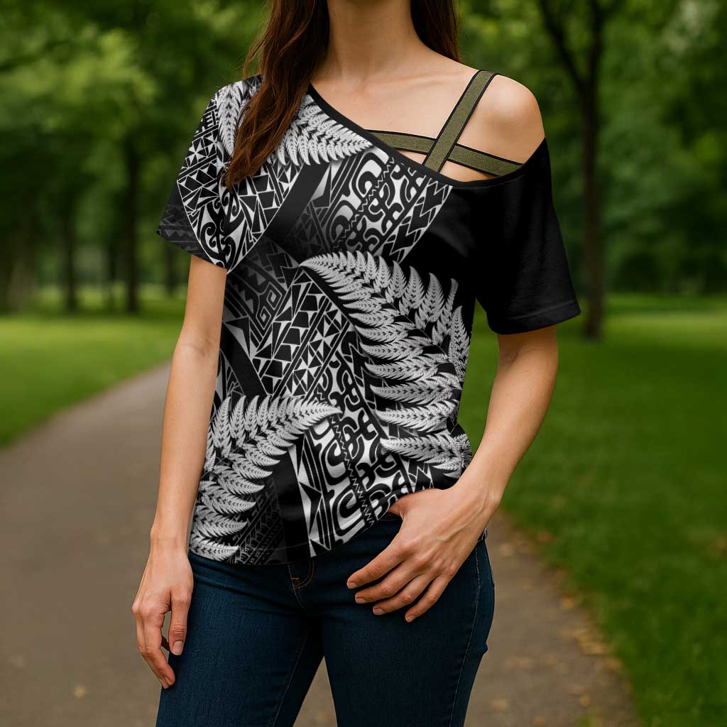 New Zealand Rugby Pacific Personalised Cross Shoulder Shirt All Black Maori Pasifika Fern Pattern - Aussie Hoodie